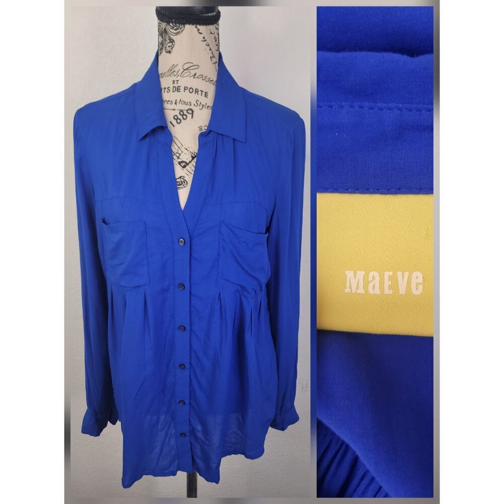 Maeve By Anthropologie Tunic Top SZ XS Pockets Slinky Button Up Blue Office